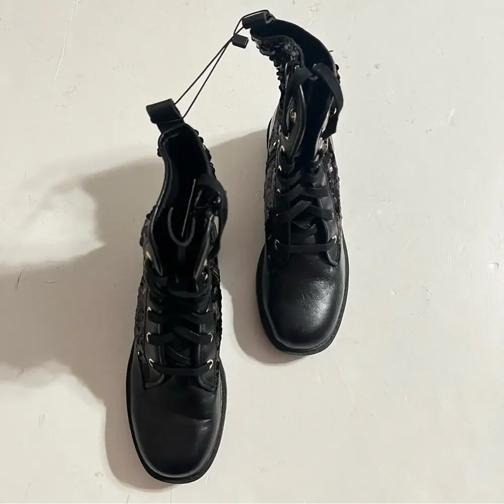 Zara Black Leather Sequined Lace Up Boots Size 6 US